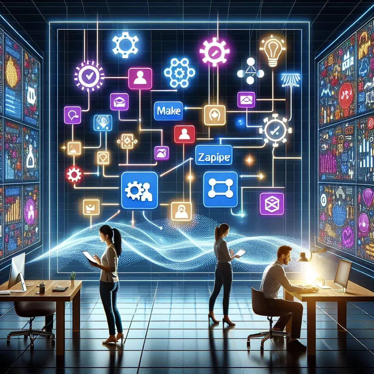 A digital dashboard displaying automation workflows connecting various services