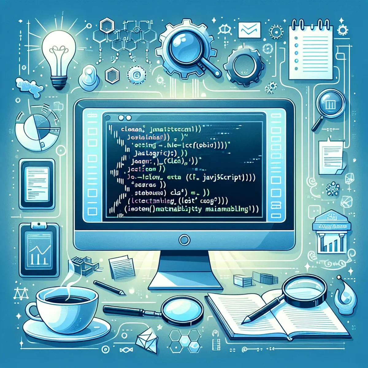A developer writing clean and maintainable JavaScript code on a computer