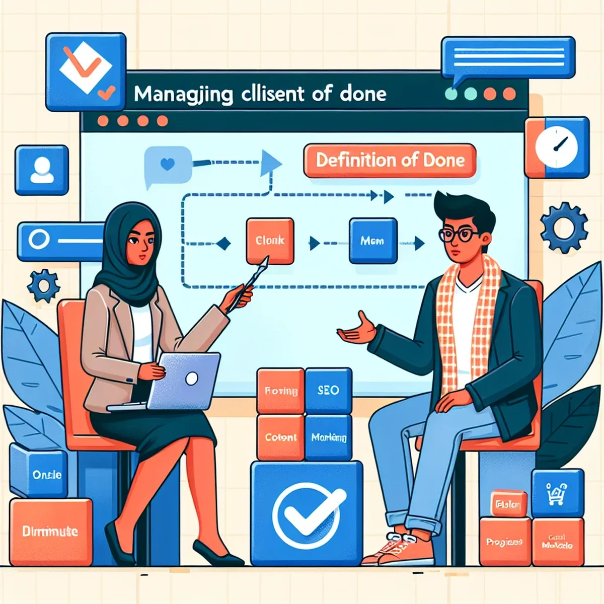 Digital marketing team reviewing a project checklist