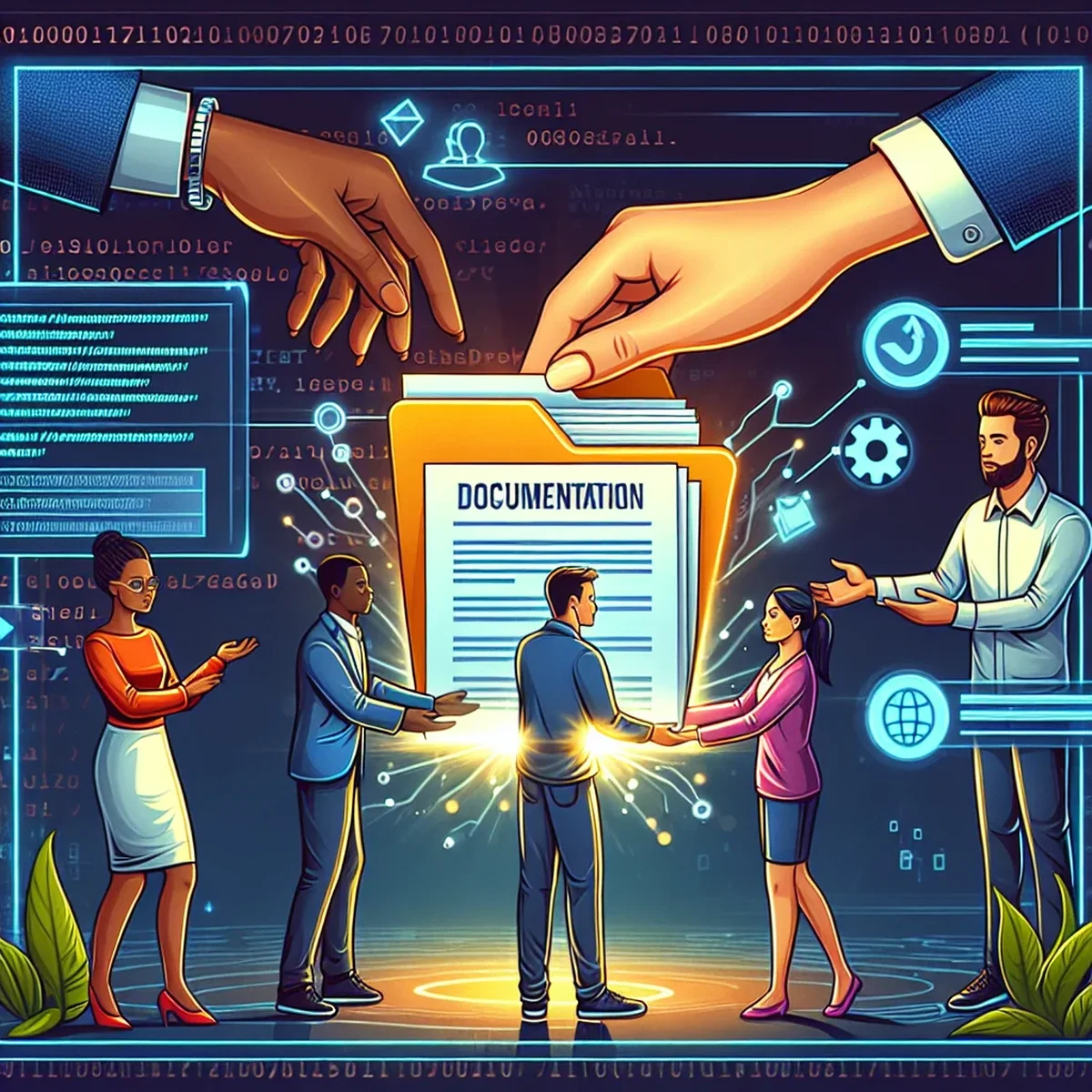 A team reviewing documentation during a client handoff meeting