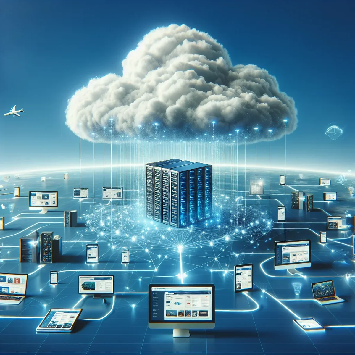 Servers and digital icons representing cloud hosting technology