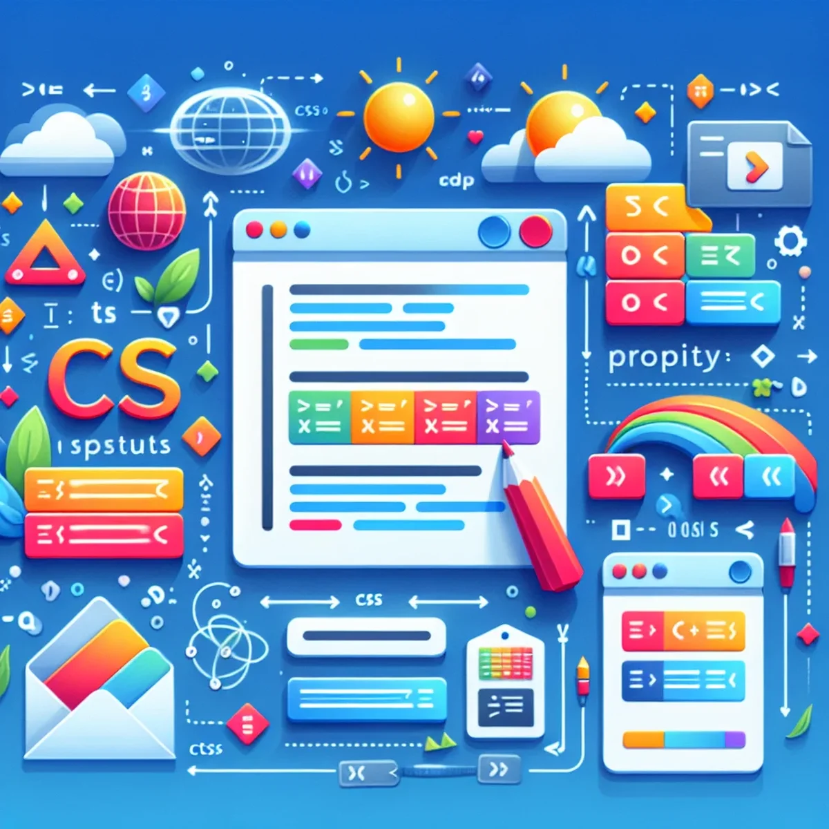 Illustration of CSS code on a computer screen with design elements