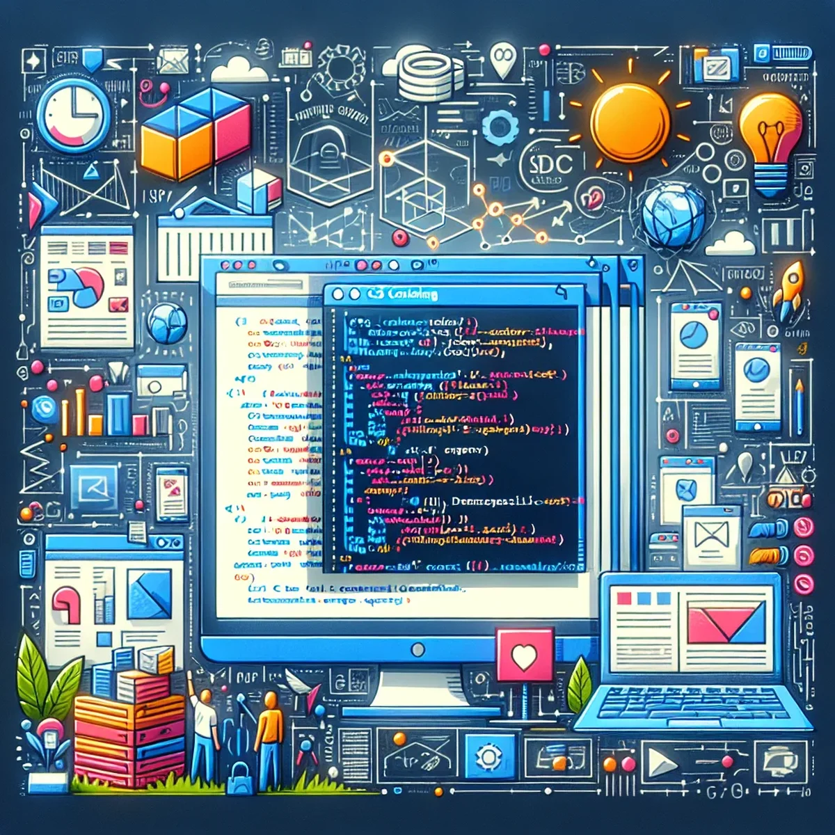 Illustration of CSS code and responsive design elements