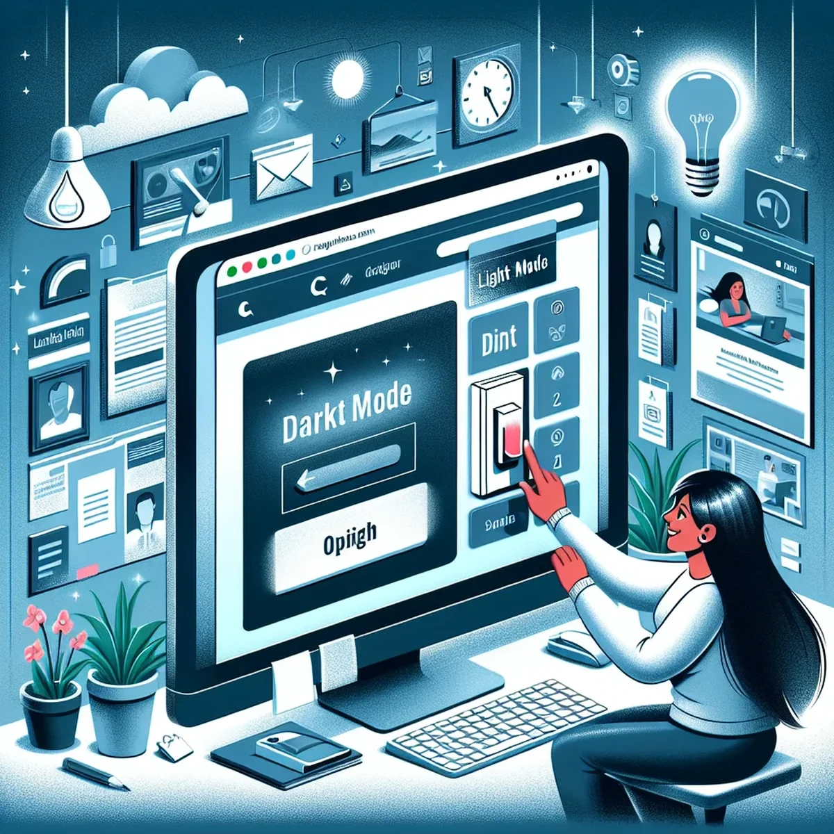 Illustration of a website interface featuring dark mode