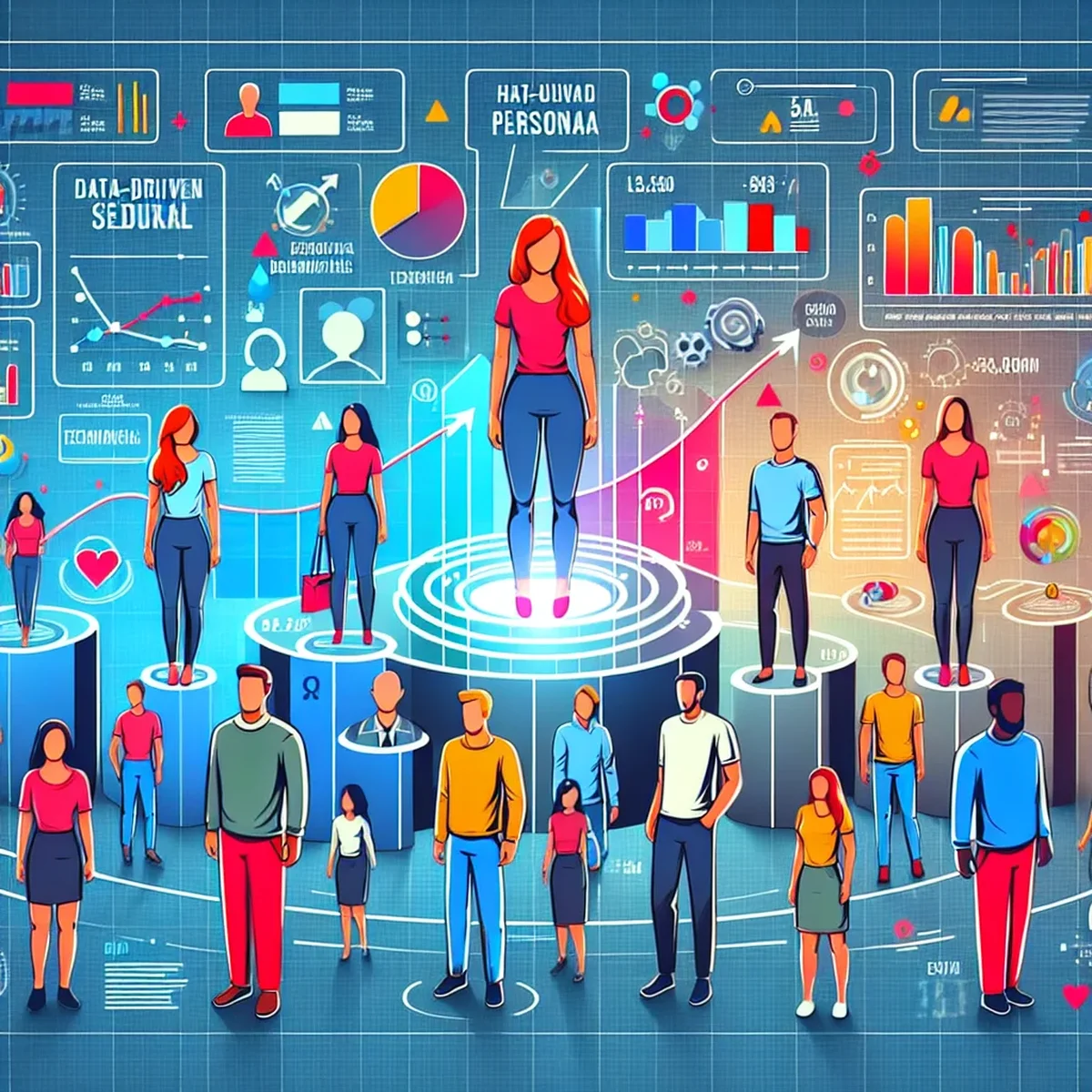 Team analyzing data-driven personas on digital screens