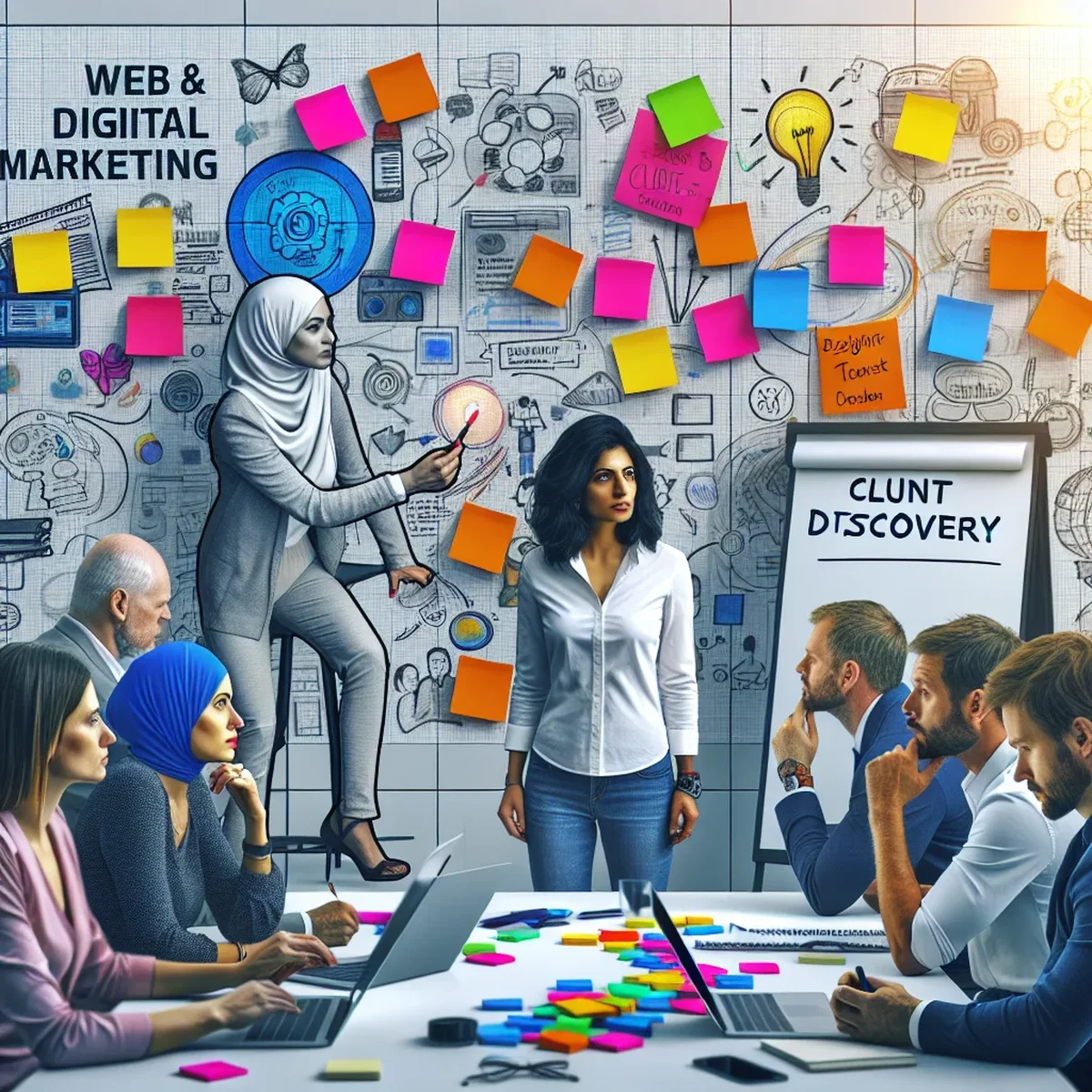 A collaborative design thinking workshop with marketing professionals brainstorming.