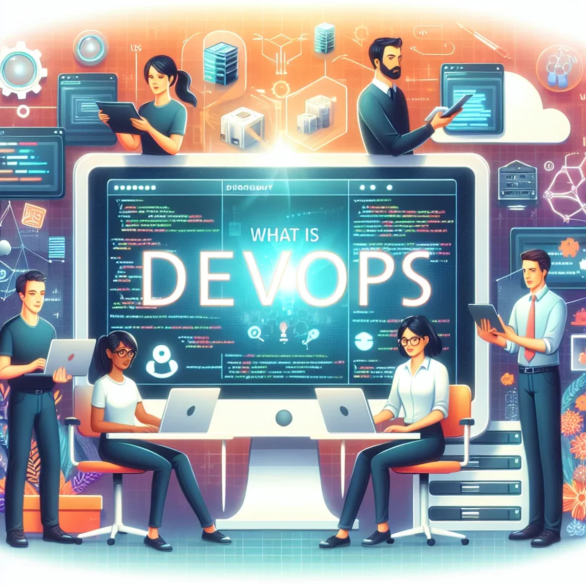 A team of developers and operations staff collaborating over computers