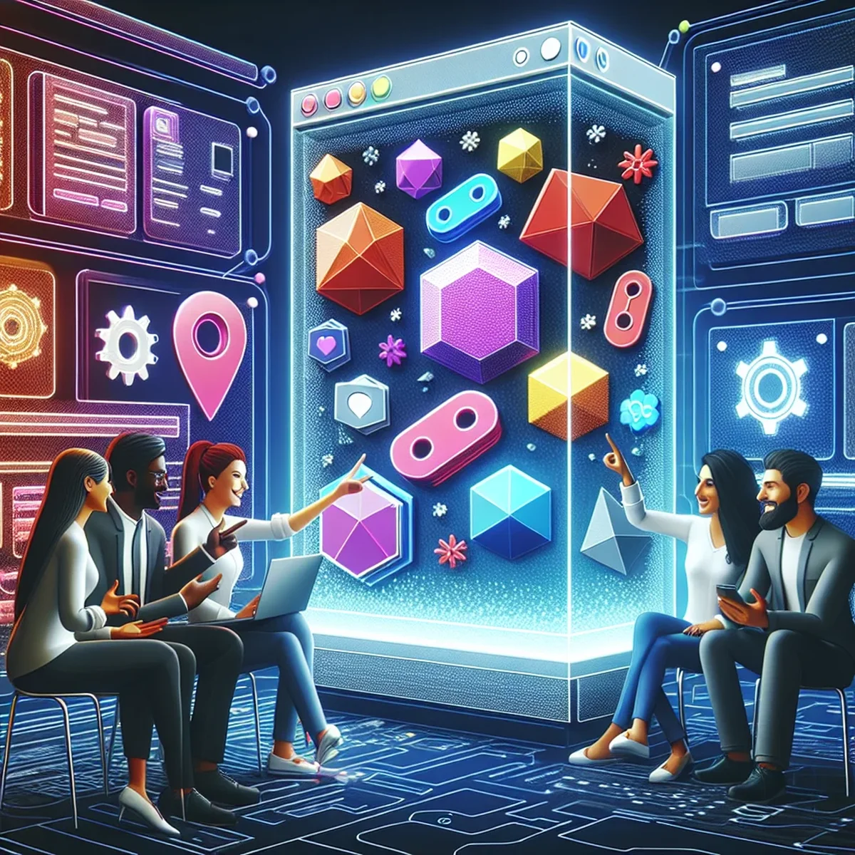 A digital agency team discussing a web component on a computer screen