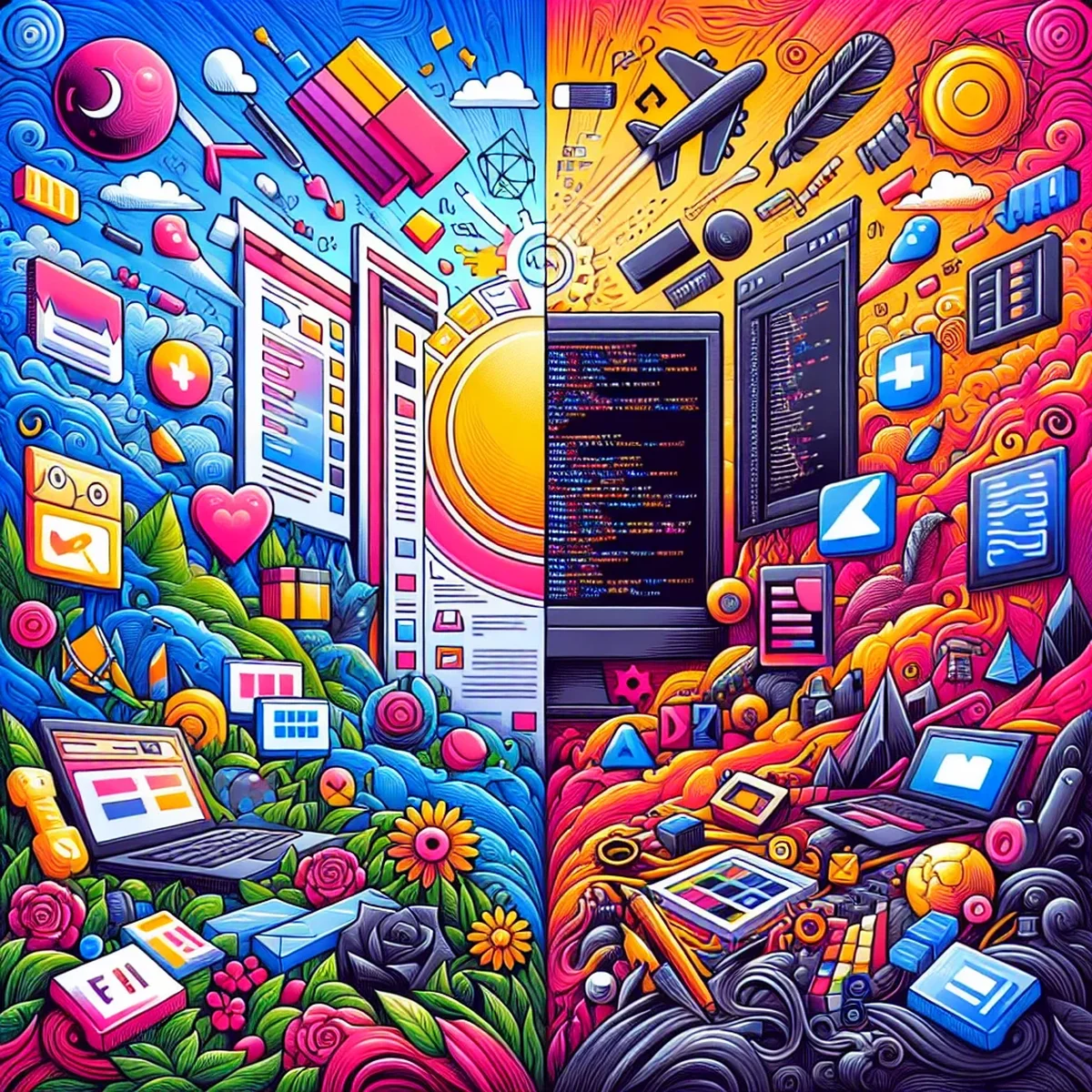 Illustration of digital tools including website builders and custom coding on a computer screen