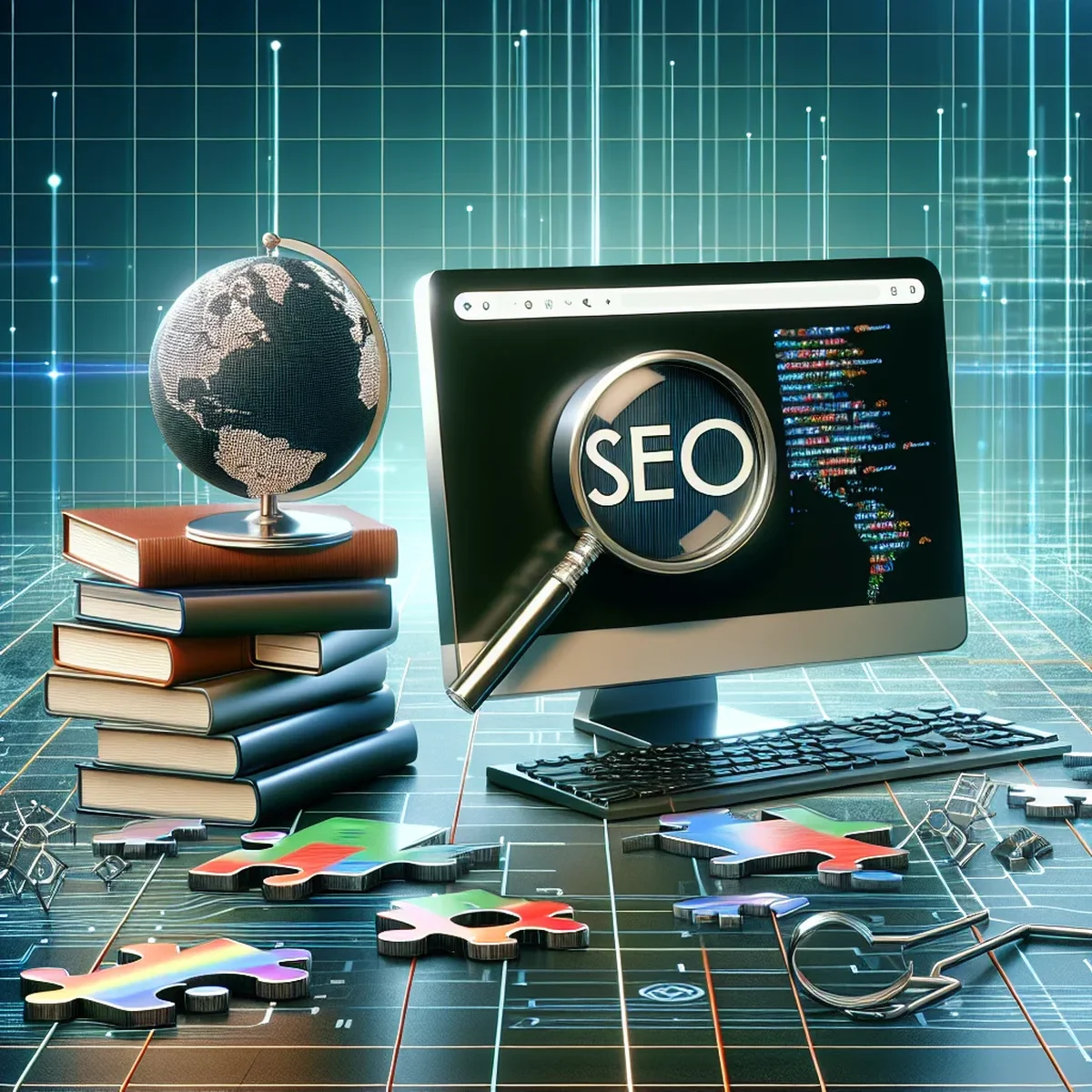 Illustration of SEO components like keywords, content, and backlinks