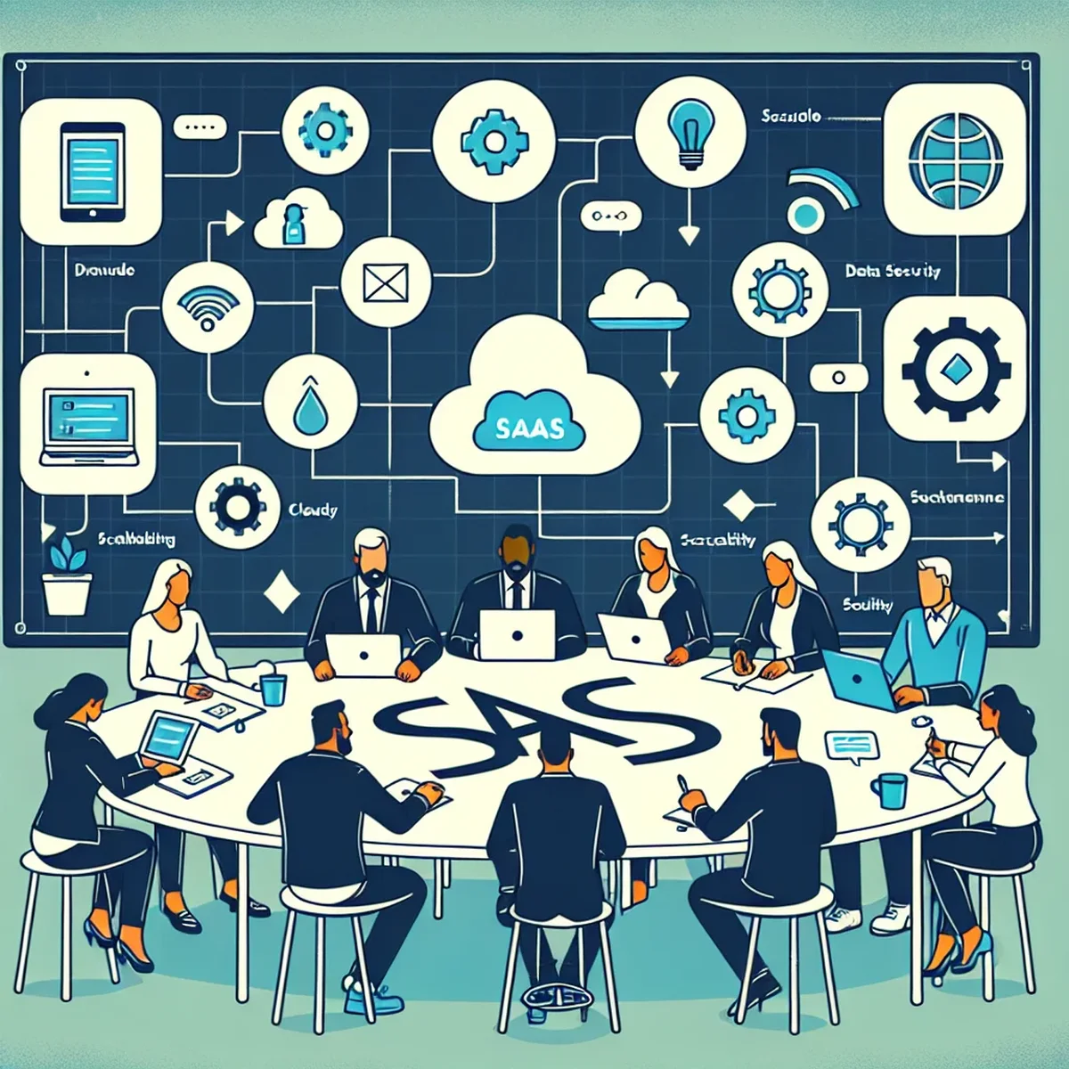 A diverse team of developers brainstorming over a digital screen displaying software code