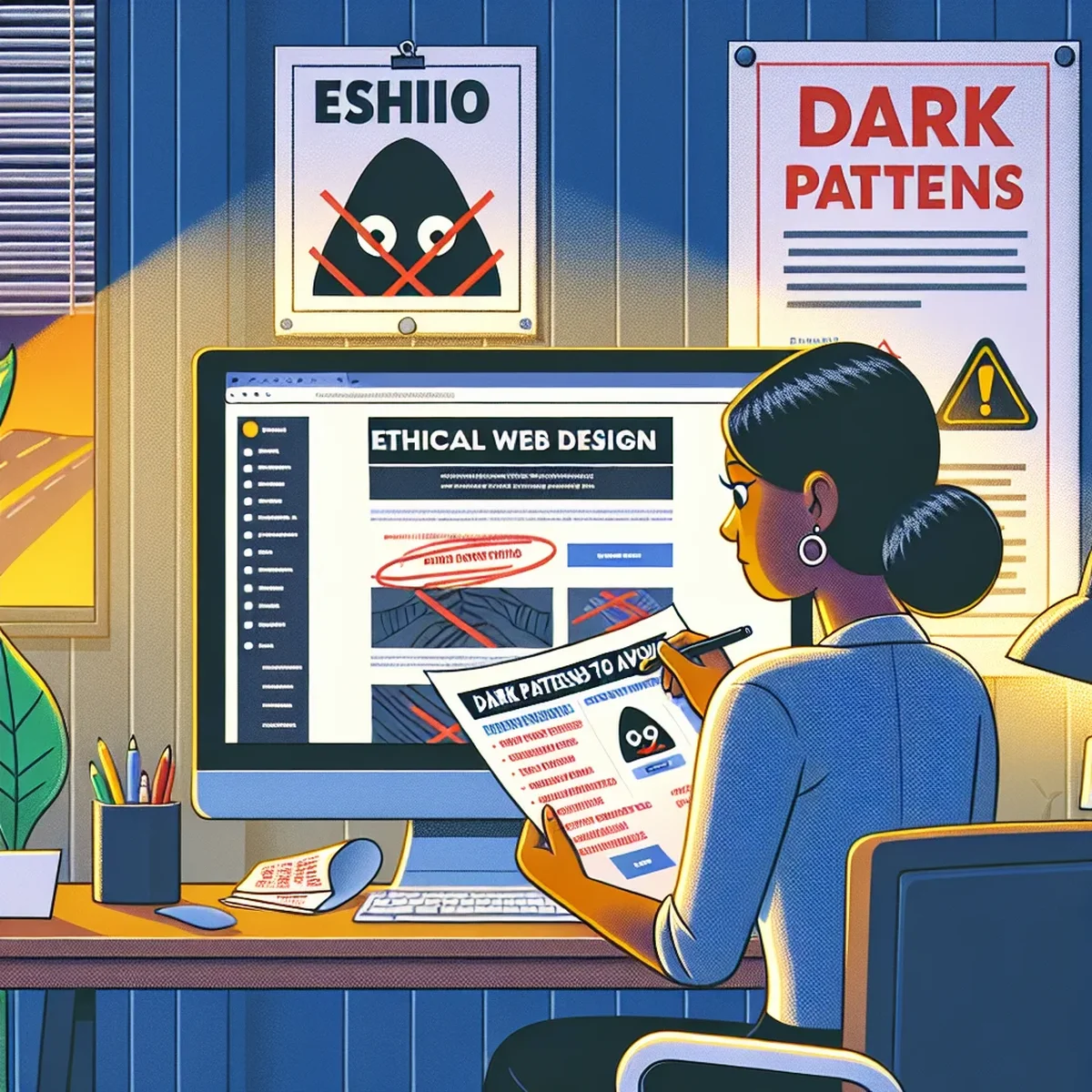 A designer evaluating website interface elements on a digital tablet