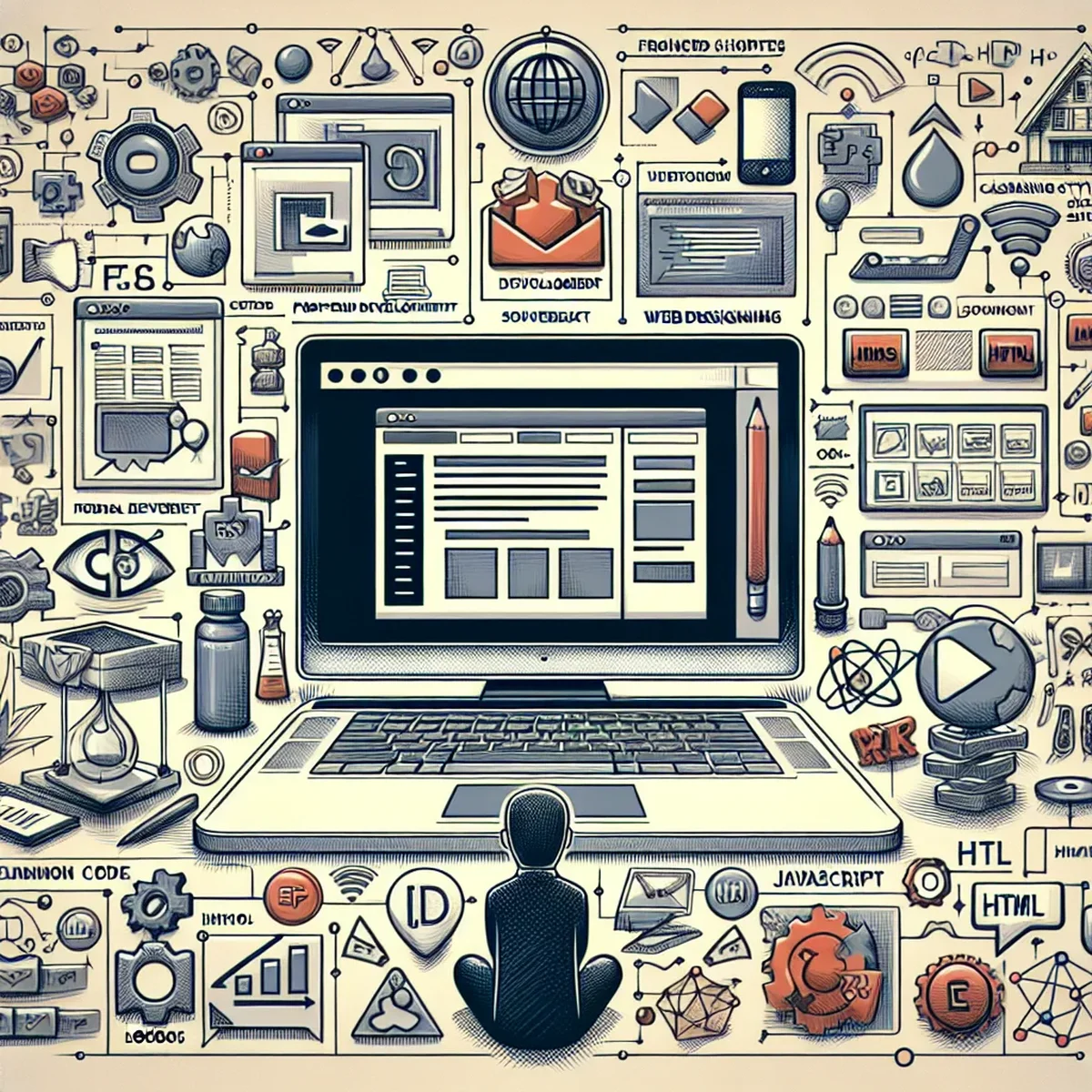 A digital workspace showing front-end development in action with code and design preview