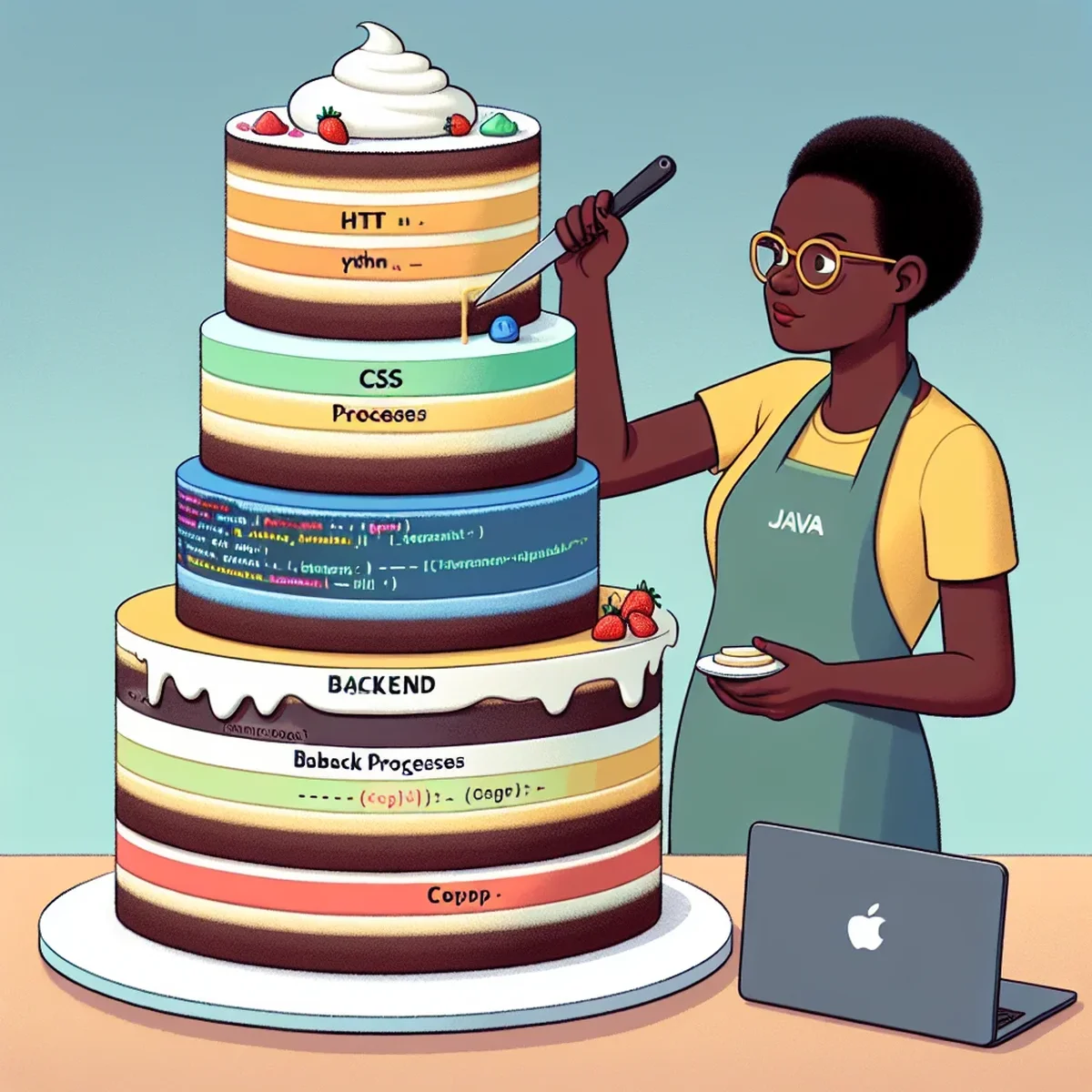 Illustration of a full-stack developer working on a computer with code on the screen