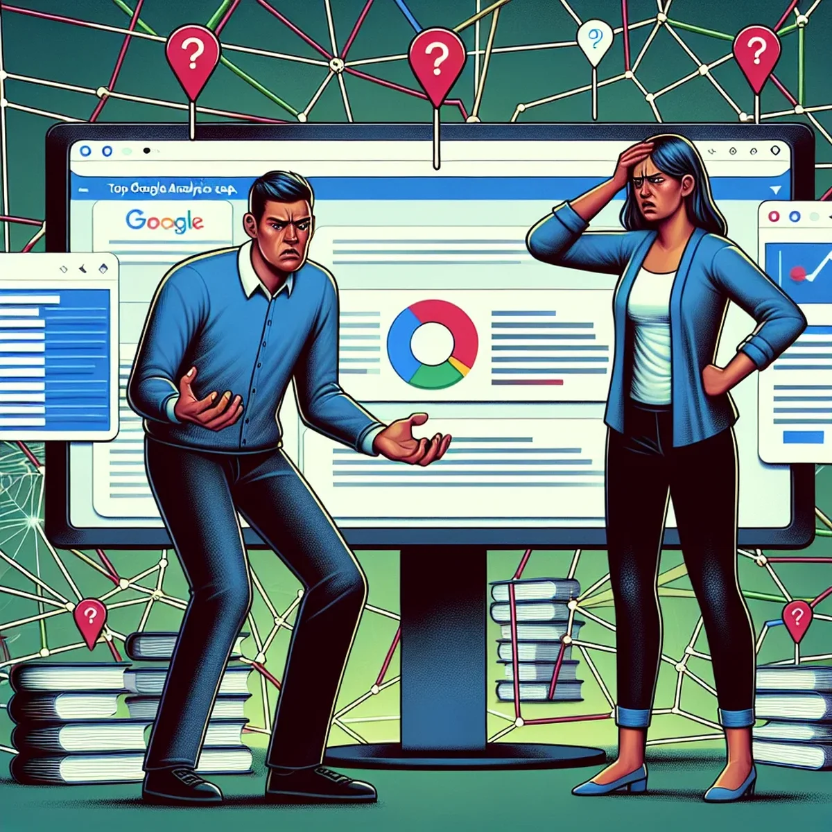 Illustration of a professional examining Google Analytics data errors on a computer screen