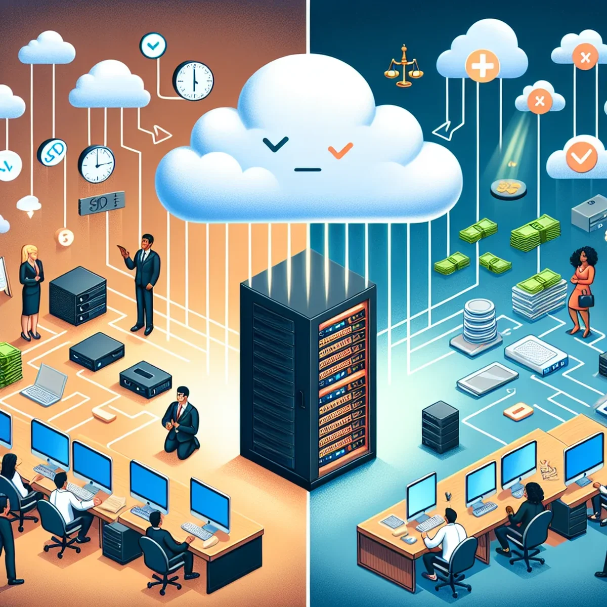 Servers and cloud graphics representing local and cloud hosting