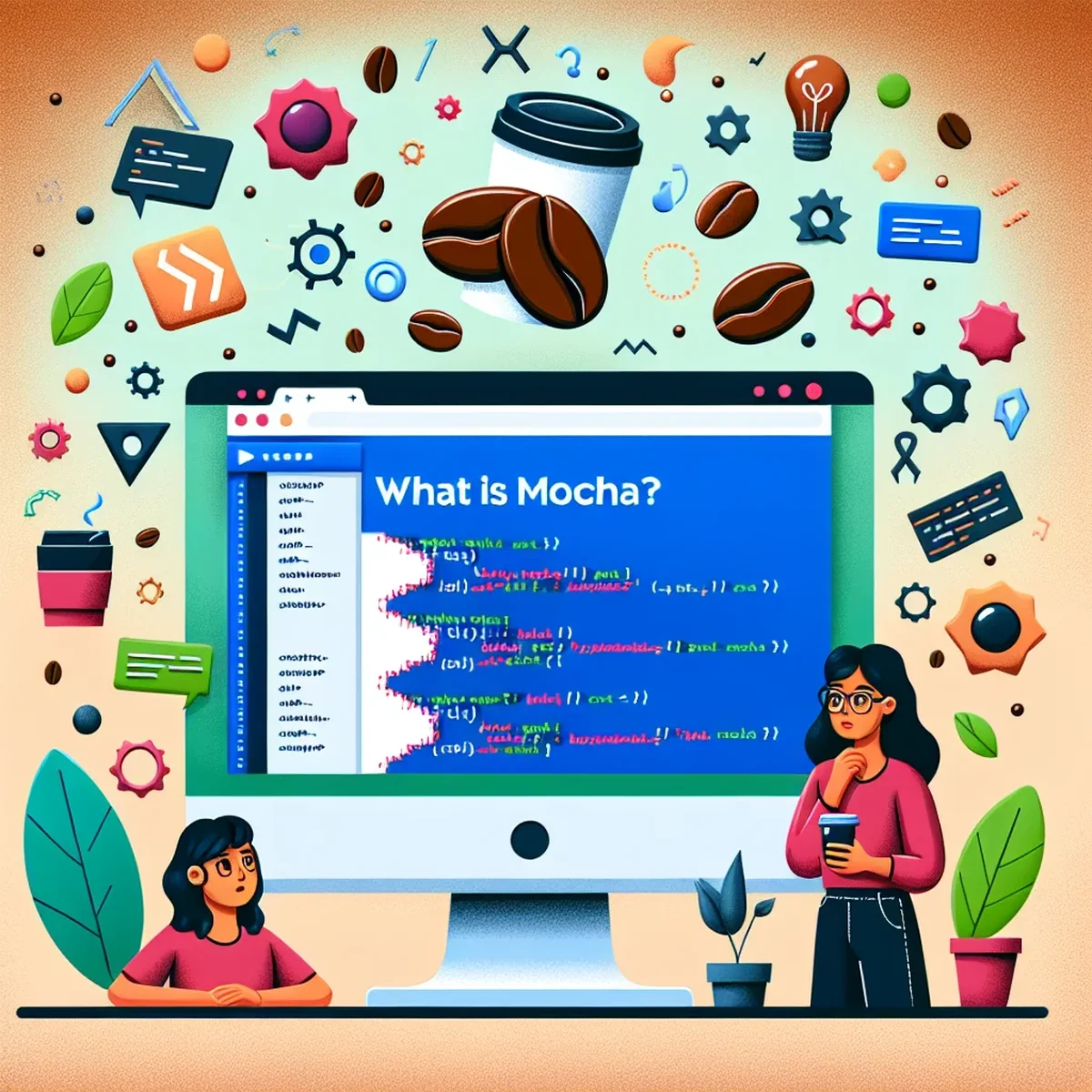 A developer examining code on a computer screen with Mocha documentation visible