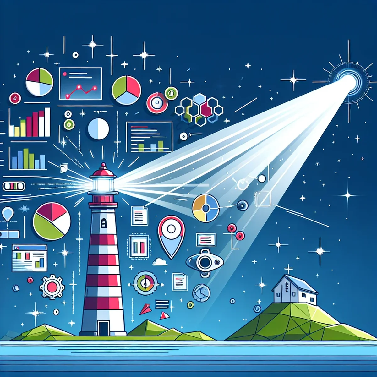 Illustration of a lighthouse shining light over a digital landscape, symbolizing website auditing