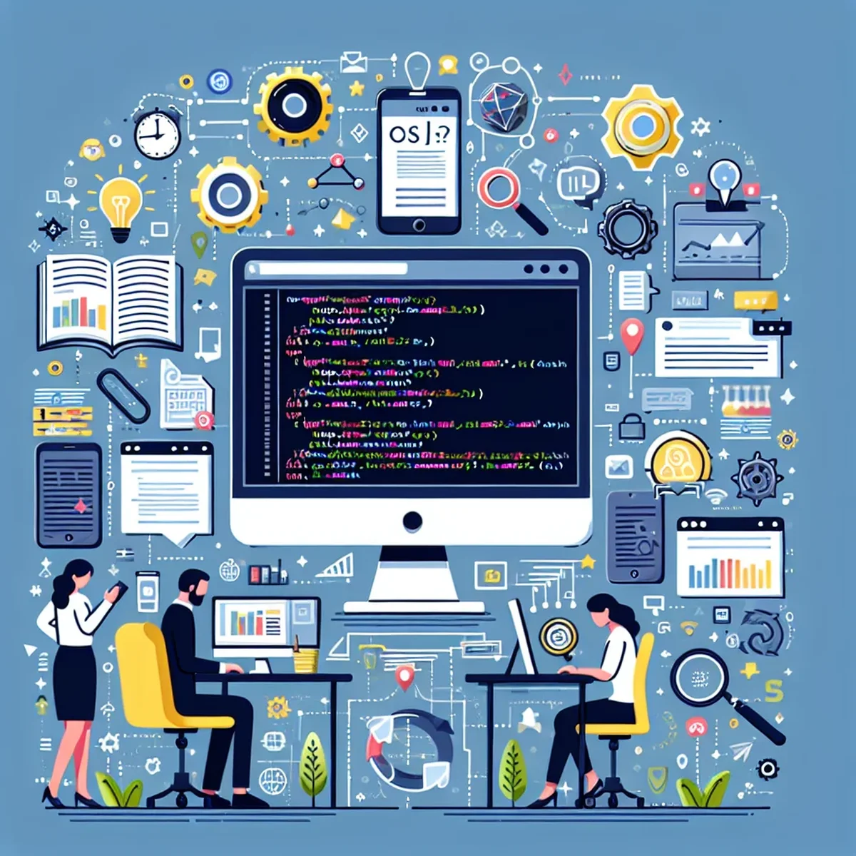 Illustration of CSS code being transformed and optimized