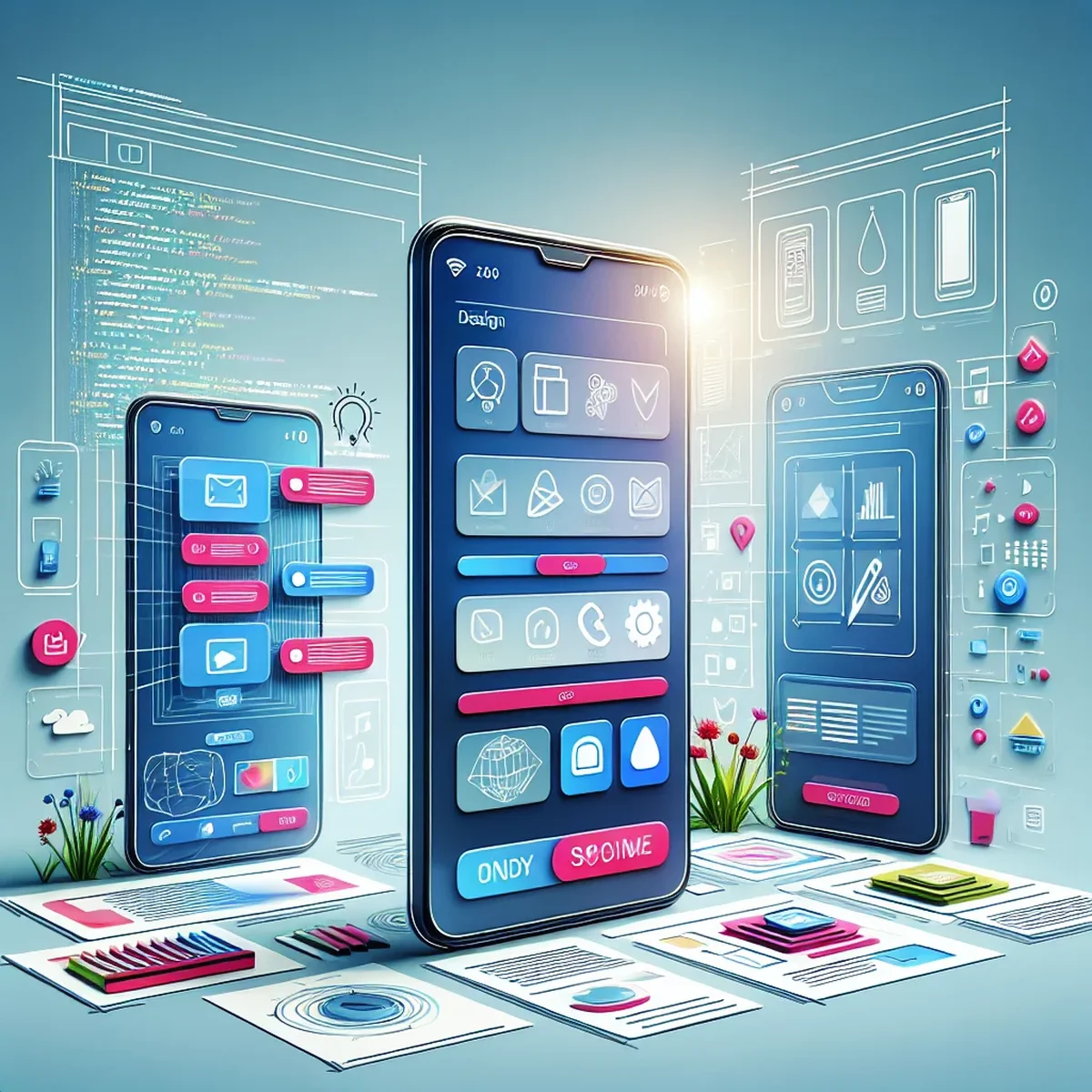 Illustration of a designer working on a mobile-first interface