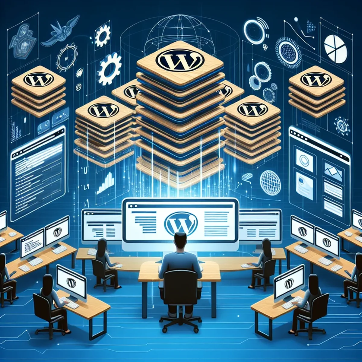 A digital marketer managing multiple WordPress sites on computer screens