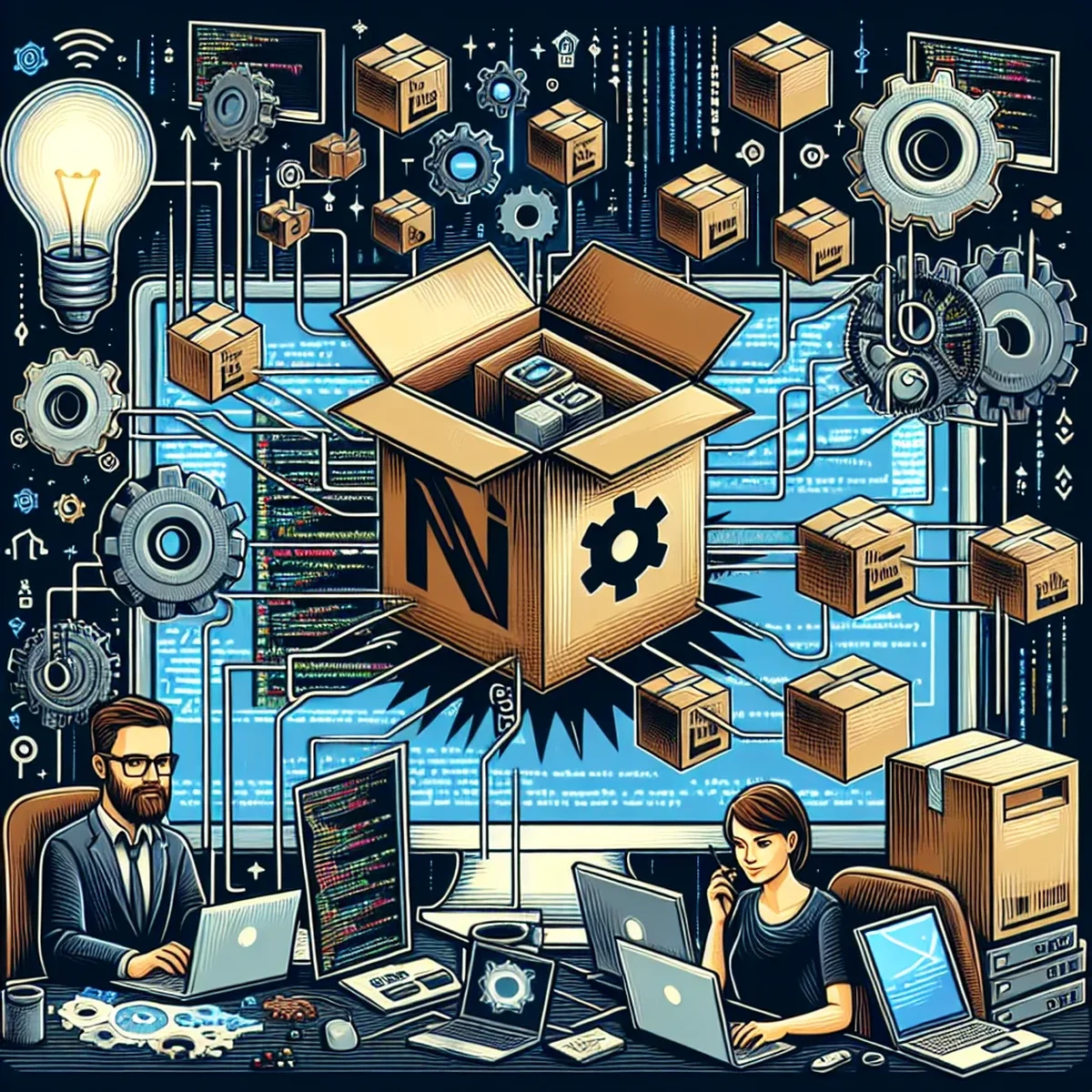 Illustration of a computer screen displaying code with NPM logo