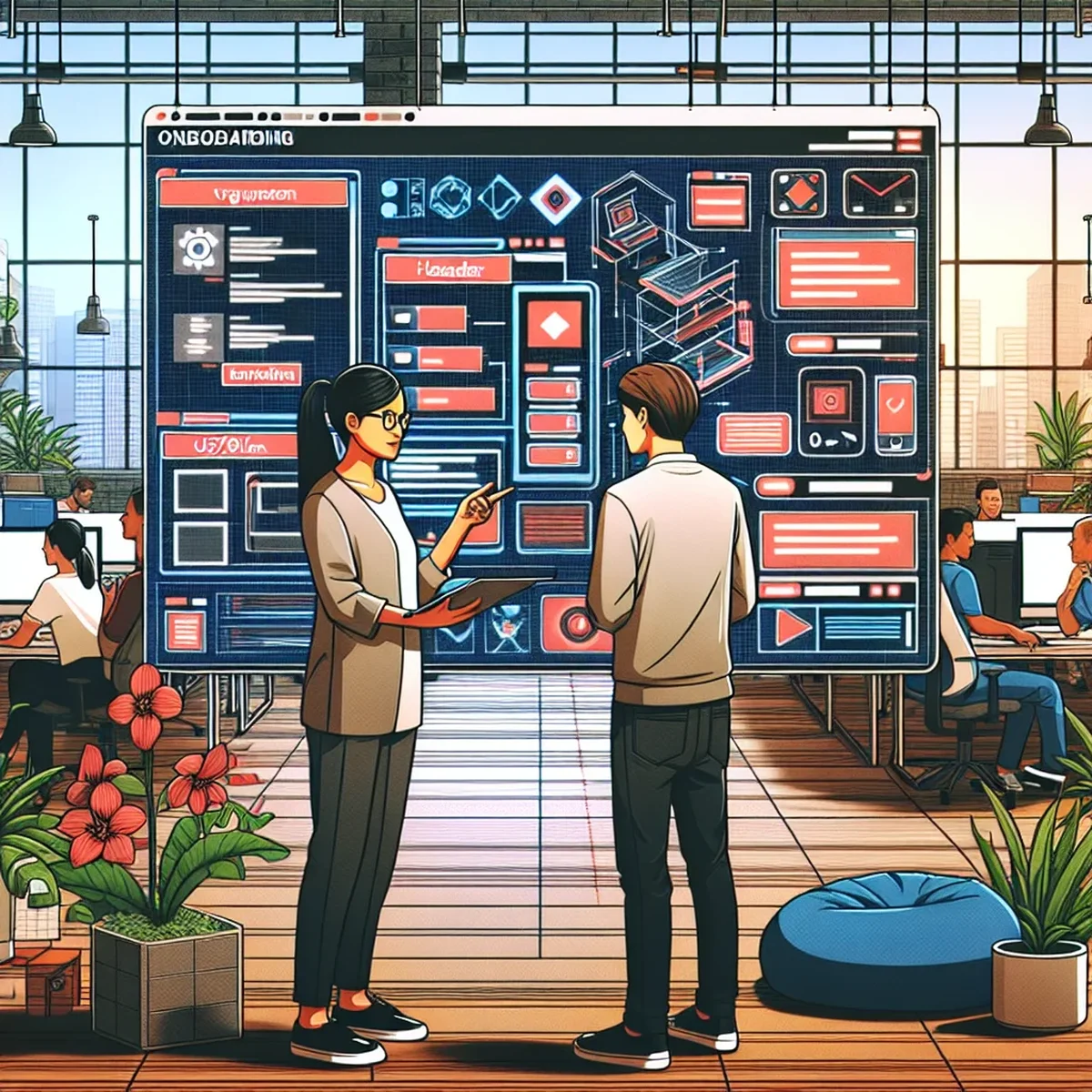 A group of junior developers discussing a project with a mentor