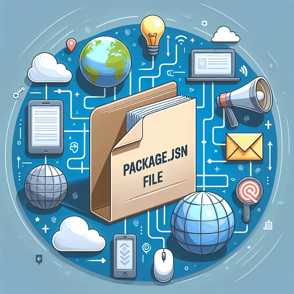 Illustrative graphic of a package.json file in a Node.js environment