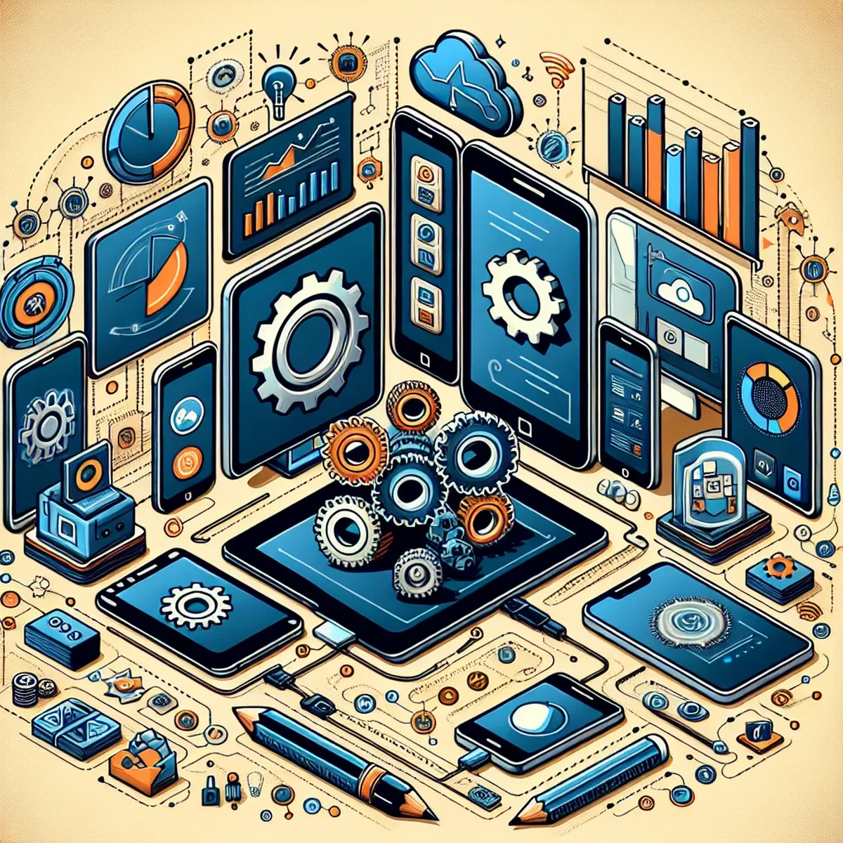 Illustration of diverse devices displaying features of Progressive Web Apps