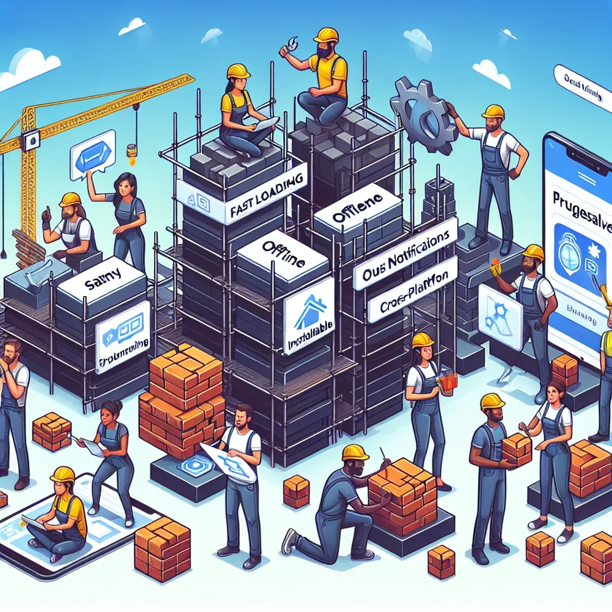 A developer coding a Progressive Web App on a laptop with engagement analytics on the screen