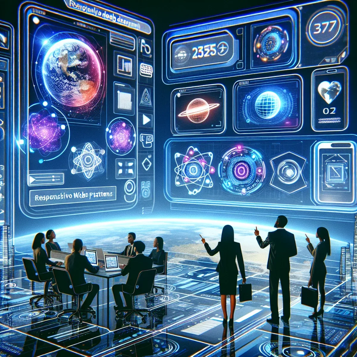 Illustration of various devices displaying parts of a responsive website