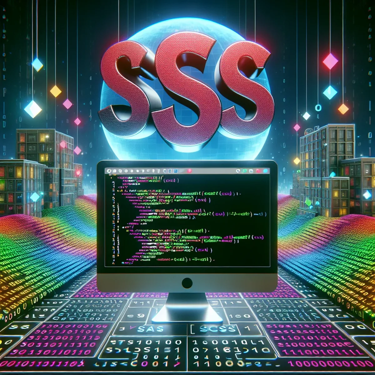 Illustration of code snippets showing Sass and CSS comparison