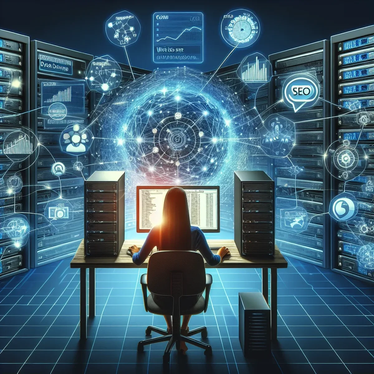 Server racks in a data center powering web hosting services