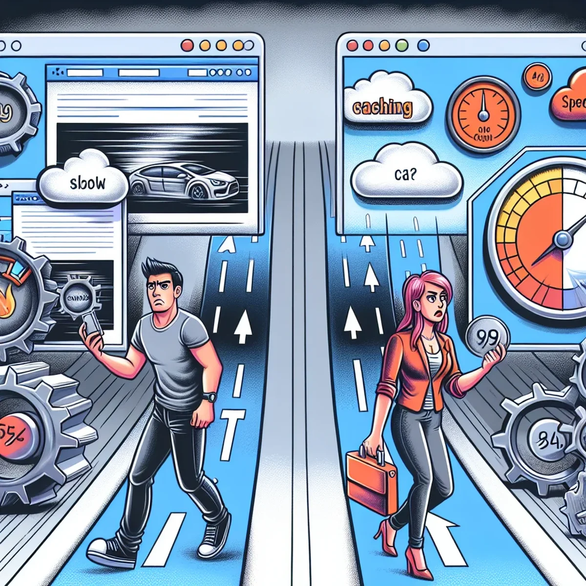Graphic of a speedometer with web icons indicating fast website performance