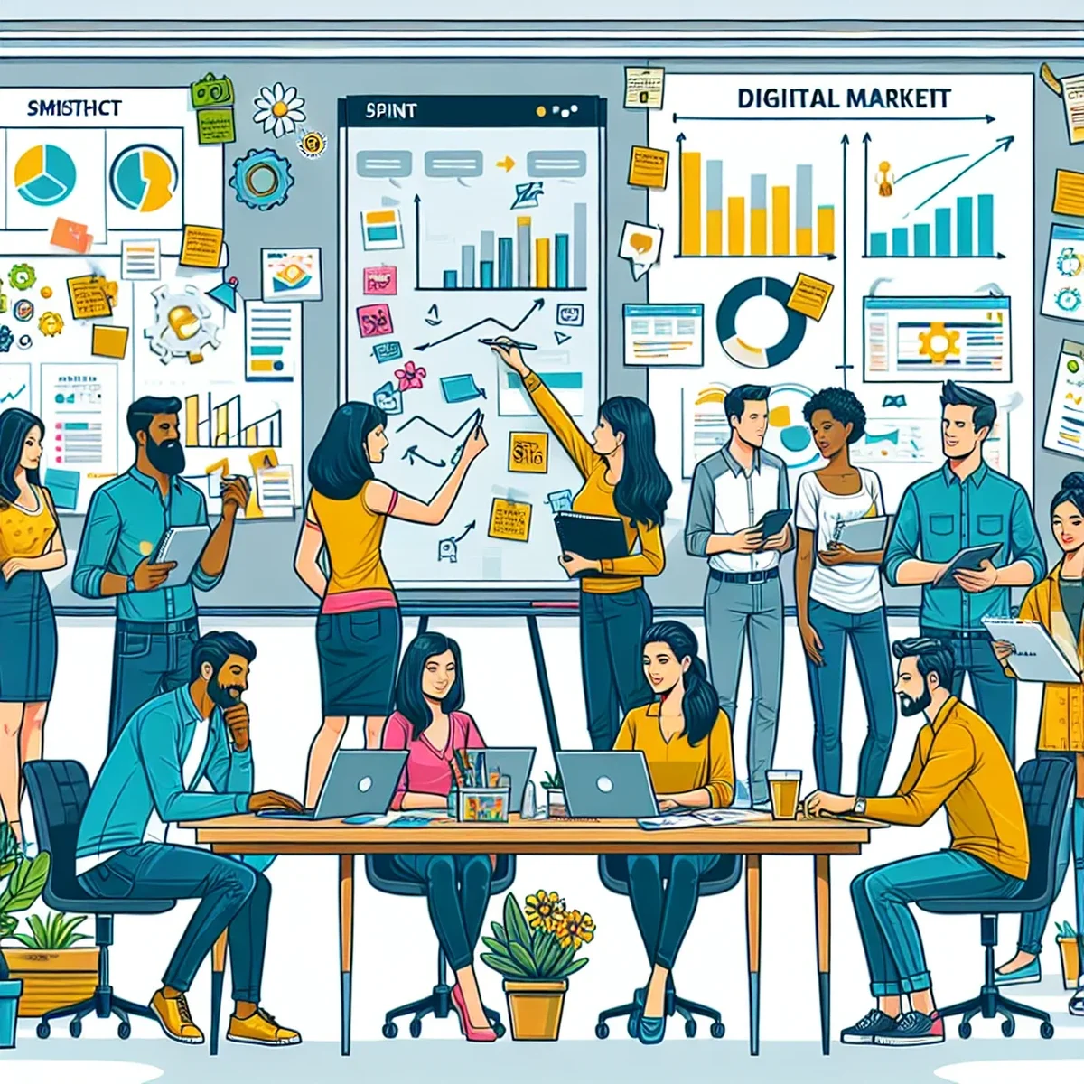 Team members discussing around a table with post-it notes and charts