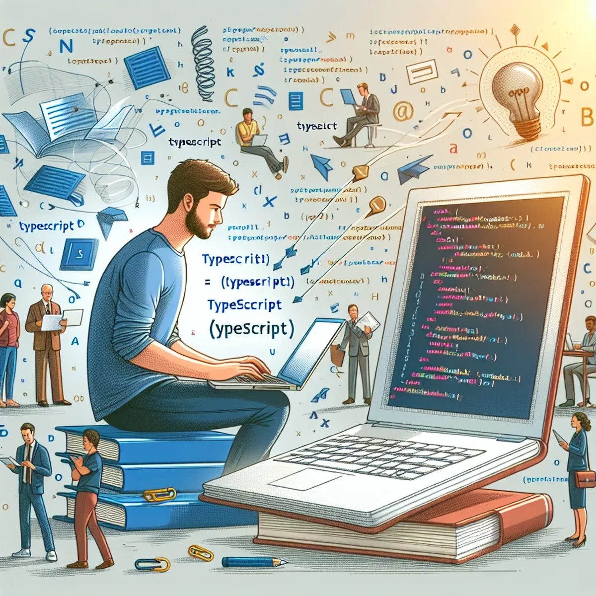 A vibrant illustration of TypeScript coding on a computer screen