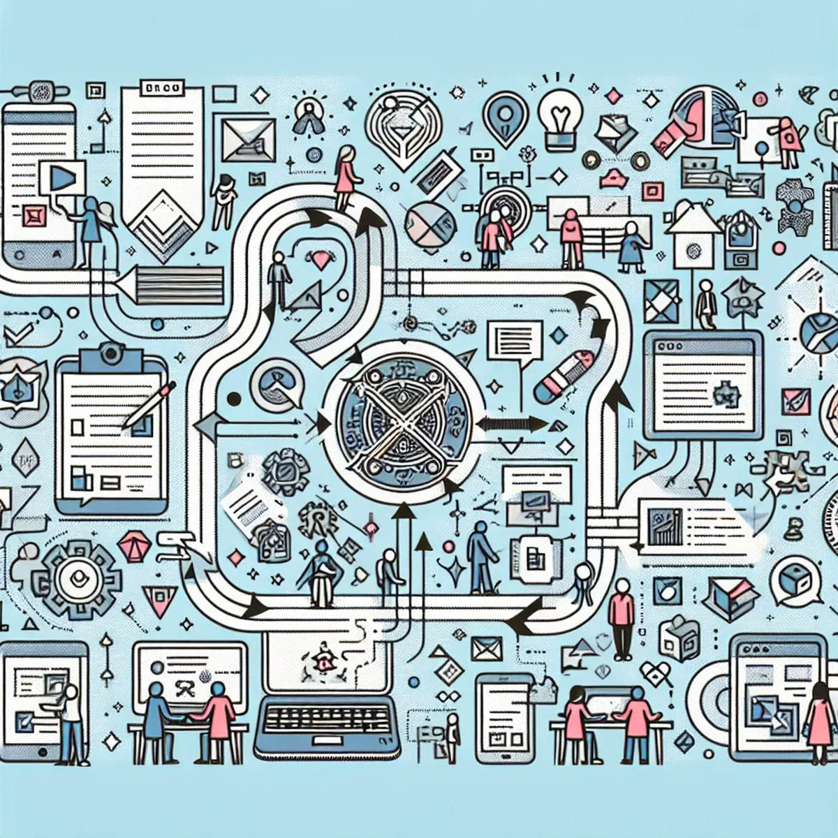 Illustration of team members collaborating on a digital project with version control