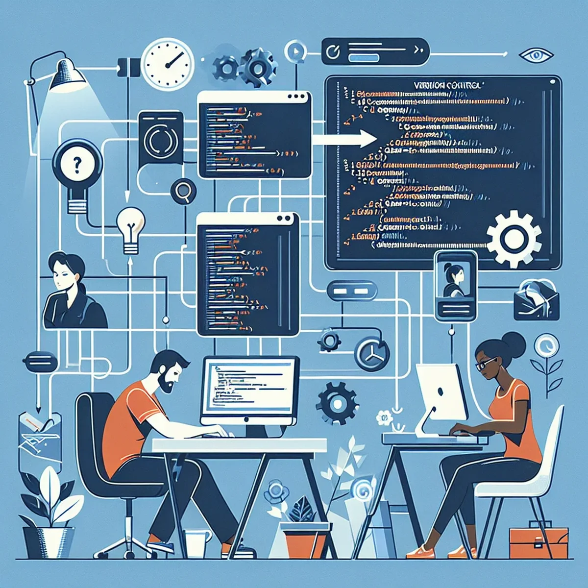 Illustration of team members collaborating through version control software